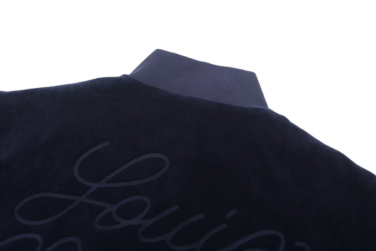 LOUIS VUITTON Navy Velour Tracksuit Set — Bomber Jacket & Jogger Pants with Leather Patch