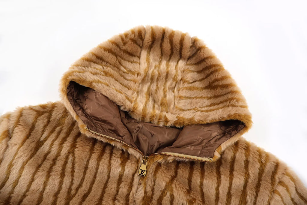 Louis Vuitton Caramel Faux Fur Wave-Texture Hooded Jacket