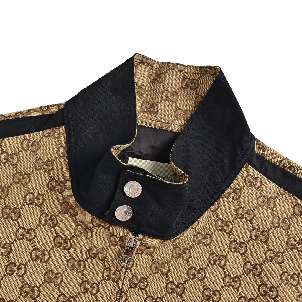 Gucci Camel All-Over Monogram Harrington Jacket with Ribbed Cuffs