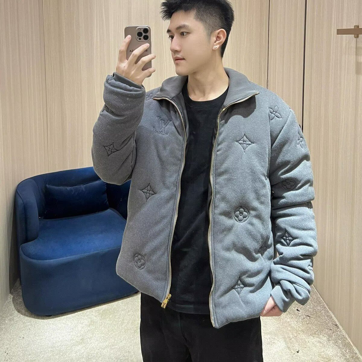 Louis Vuitton Grey Monogram Quilted Knit Down Jacket