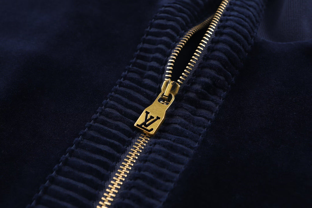 LOUIS VUITTON Navy Velour Tracksuit Set — Bomber Jacket & Jogger Pants with Leather Patch
