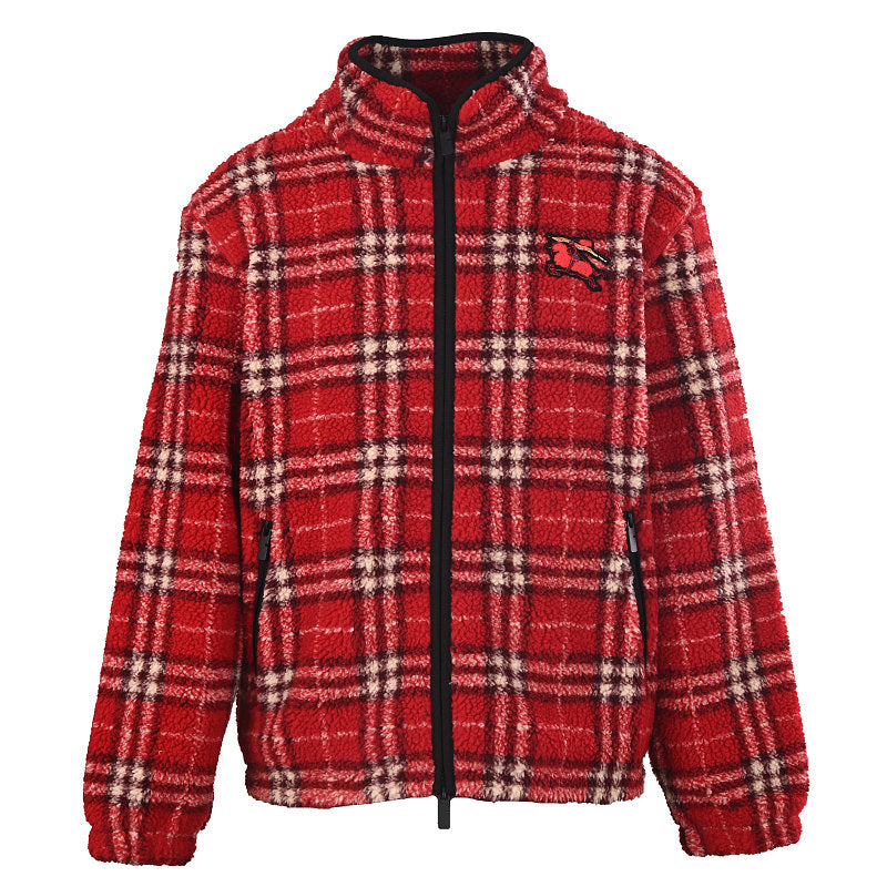 BURBERRY BBR Red Plaid Wool Blend Teddy Fleece Jacket