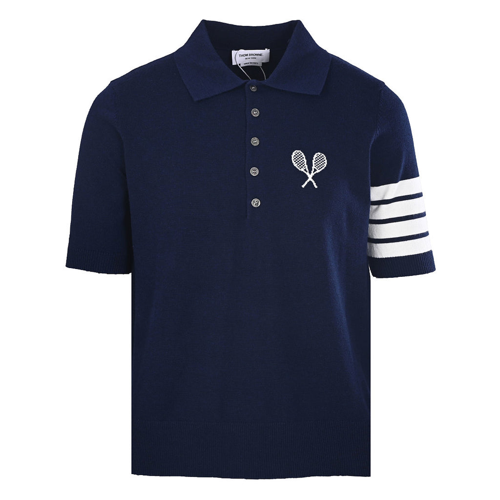 Thom Browne Tennis Racket Embroidery 4-Bar Knit Polo – Navy