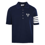 Thom Browne Tennis Racket Embroidery 4-Bar Knit Polo – Navy