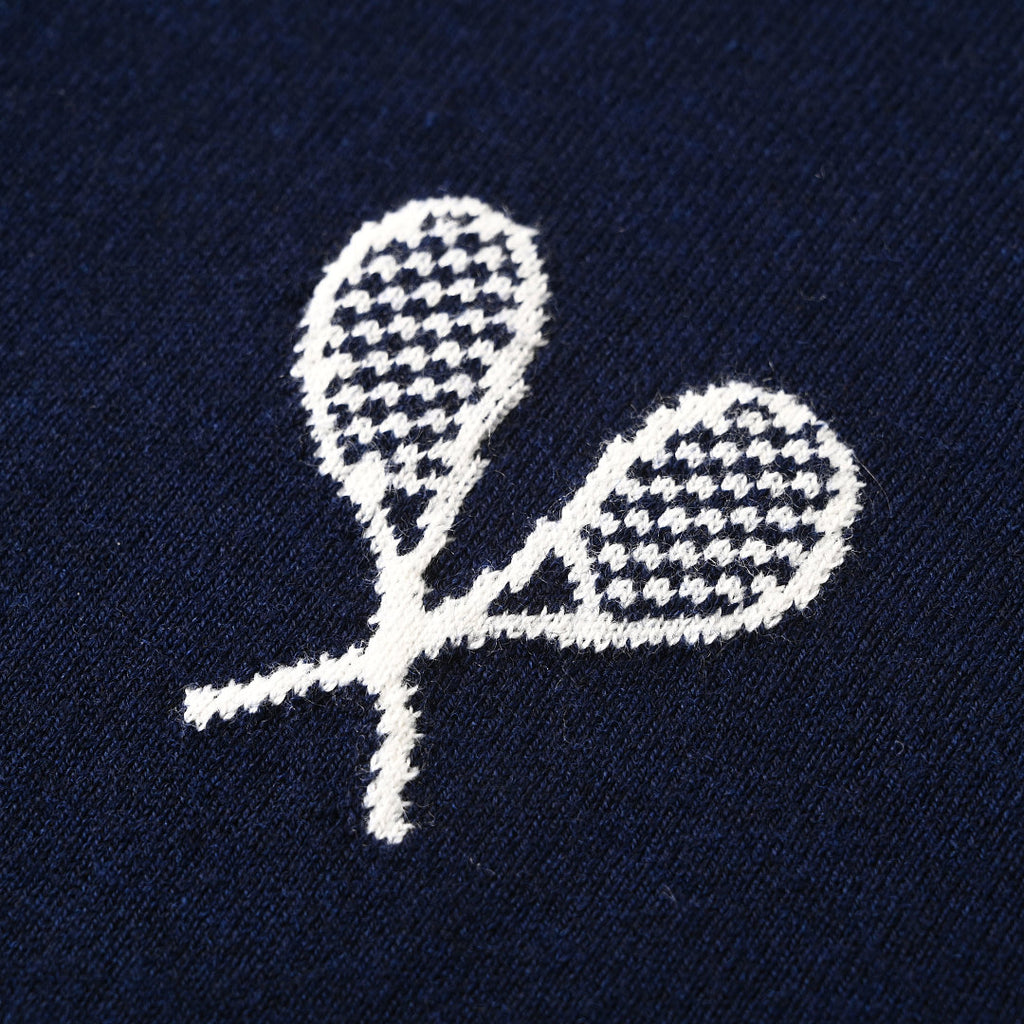 Thom Browne Tennis Racket Embroidery 4-Bar Knit Polo – Navy