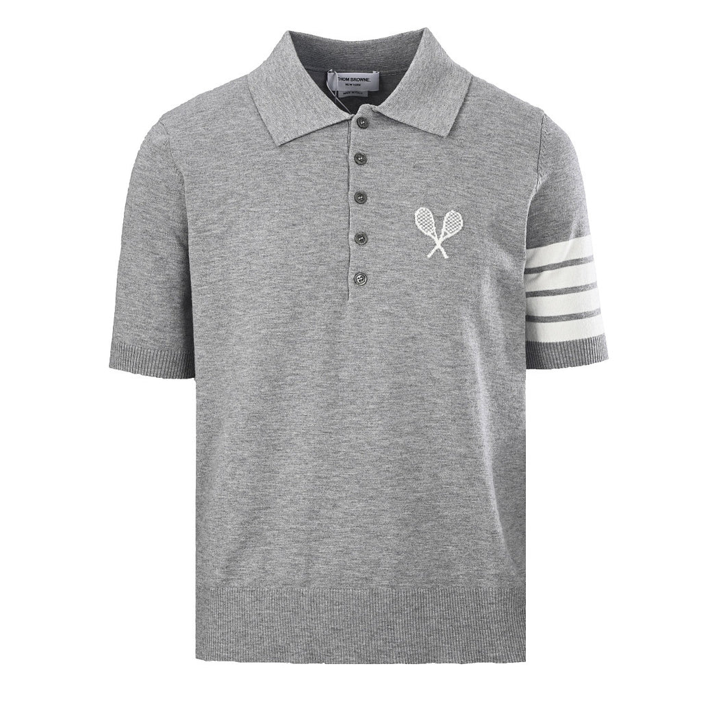 Thom Browne Tennis Racket Embroidery 4-Bar Knit Polo – Medium Grey