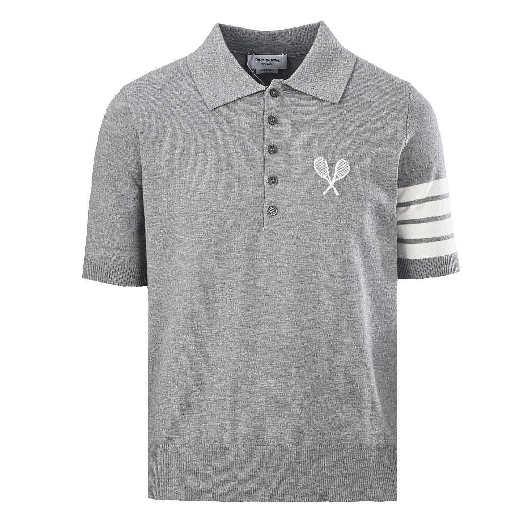 Thom Browne Tennis Racket Embroidery 4-Bar Knit Polo – Medium Grey
