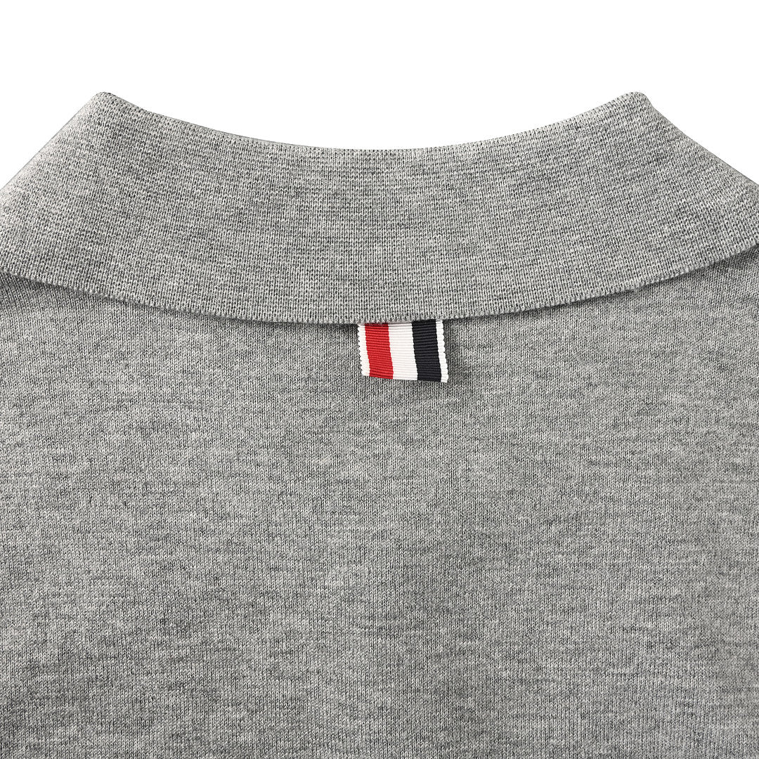 Thom Browne Tennis Racket Embroidery 4-Bar Knit Polo – Medium Grey