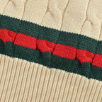 Gucci Ivory Ladder-Stitch Knit Crewneck Sweater with Heritage Stripe Trim