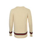 Gucci Ivory Ladder-Stitch Knit Crewneck Sweater with Heritage Stripe Trim