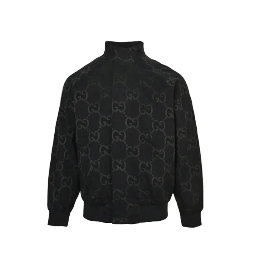 Gucci Black Monogram Jacquard Full-Zip Stand Collar Bomber Jacket