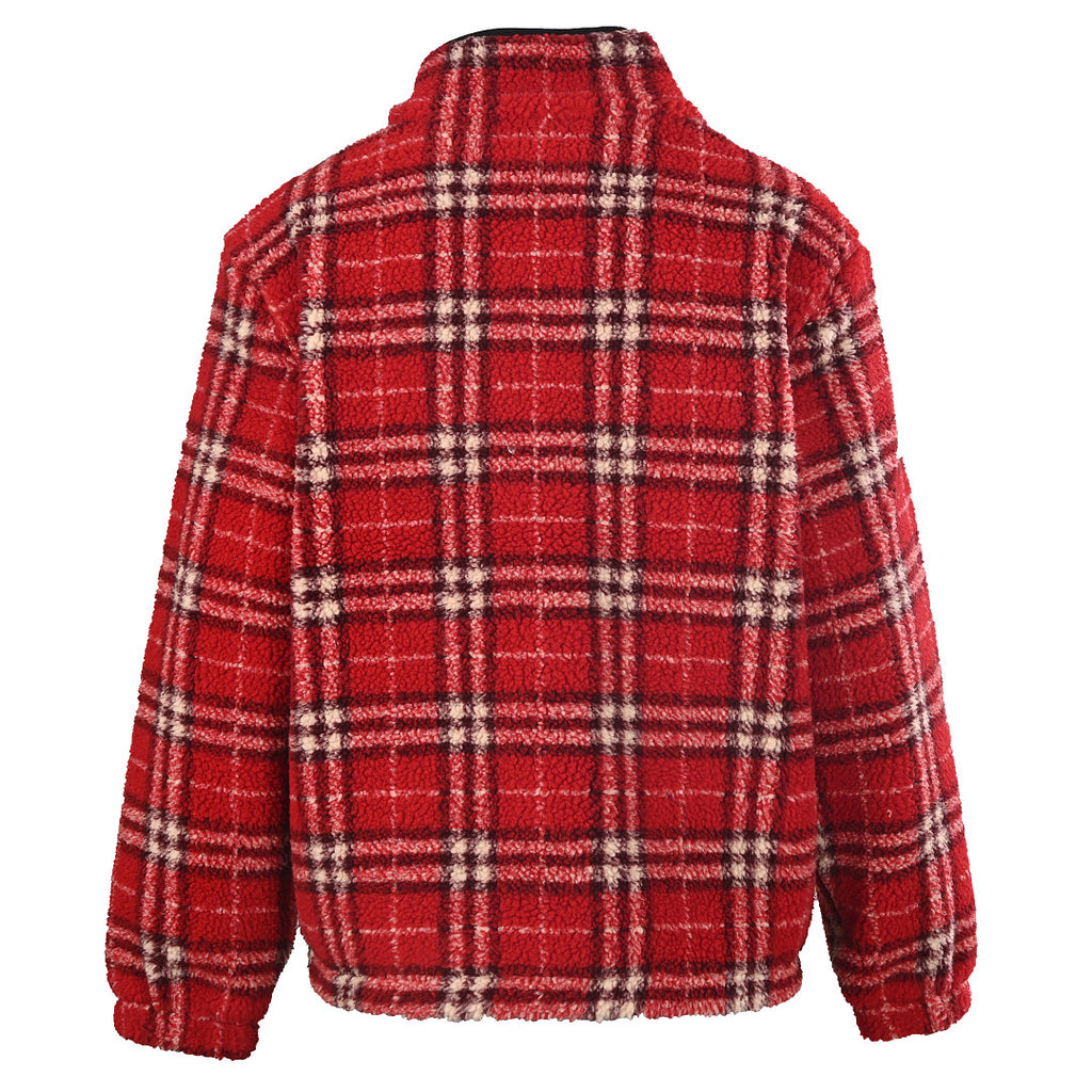 BURBERRY BBR Red Plaid Wool Blend Teddy Fleece Jacket