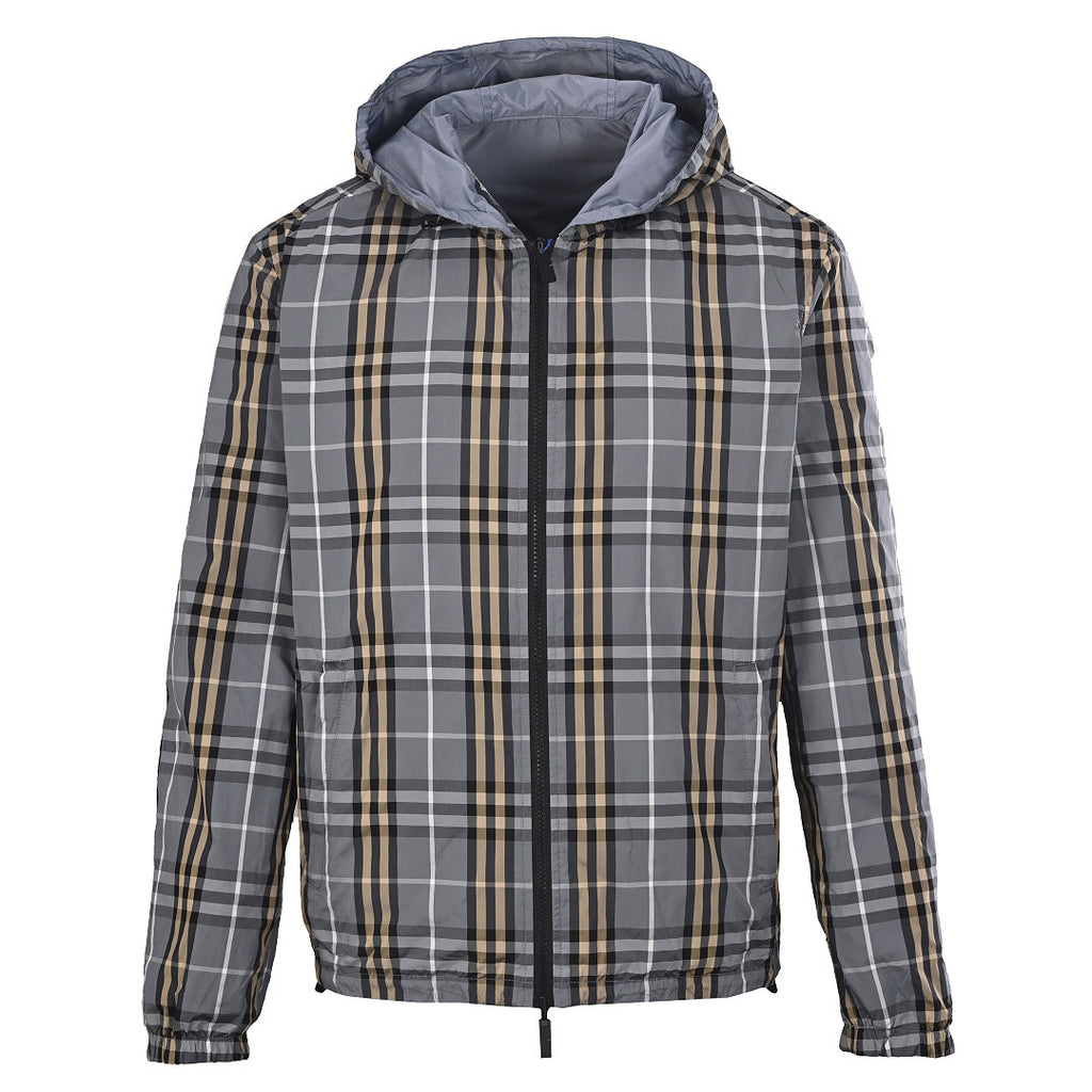 BURBERRY BBR Grey-Green Check Reversible Hooded Jacket