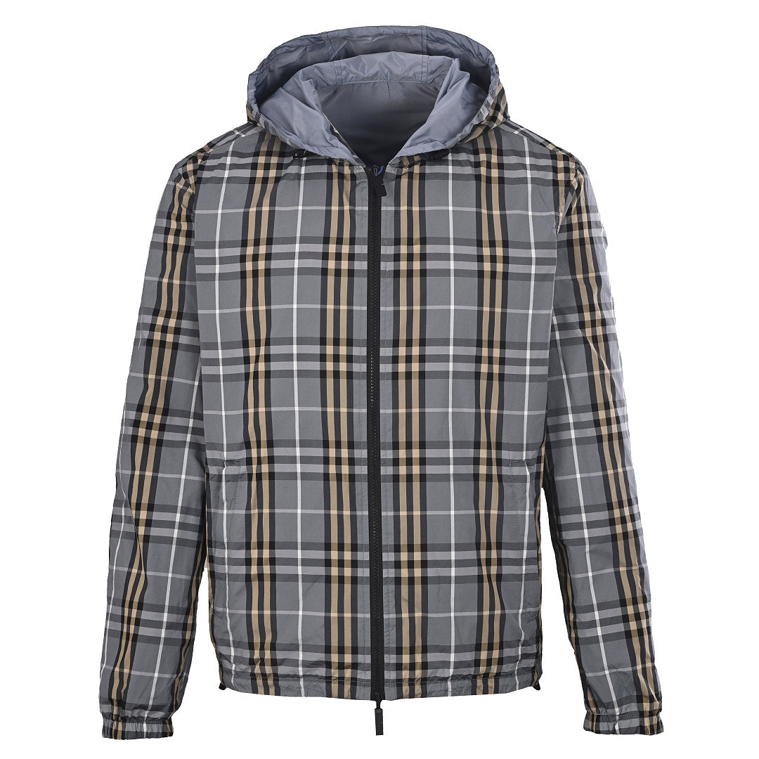 BURBERRY BBR Grey-Green Check Reversible Hooded Jacket