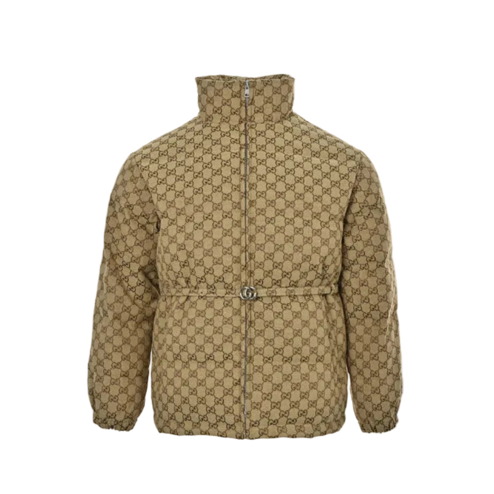 Gucci Beige GG Monogram Jacquard Padded Full-Zip Stand Collar Puffer Jacket