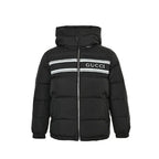 Gucci Black Down Puffer Hooded Jacket with Stripe Wordmark