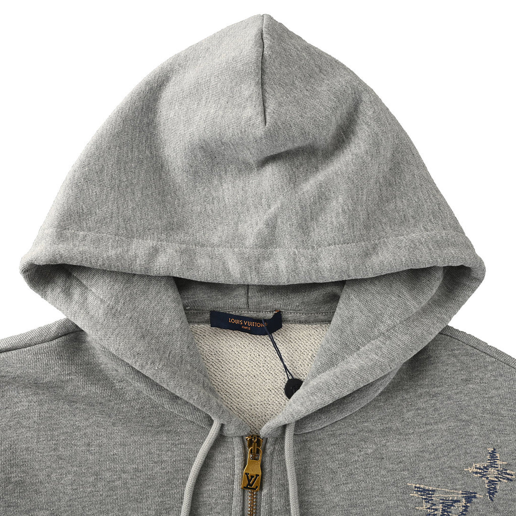 Louis Vuitton Monogram Embroidered Zip Hoodie — Grey