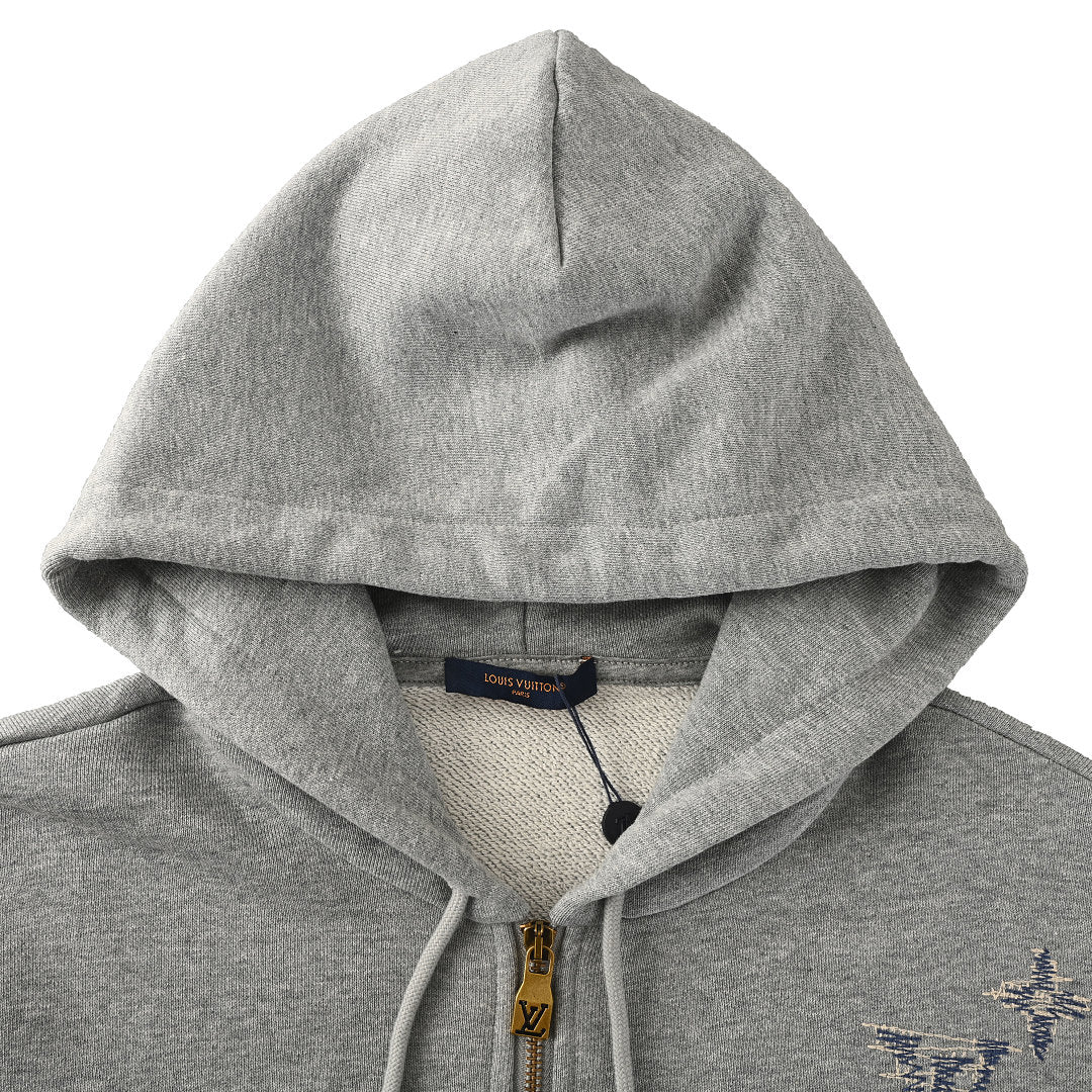Louis Vuitton Monogram Embroidered Zip Hoodie — Grey