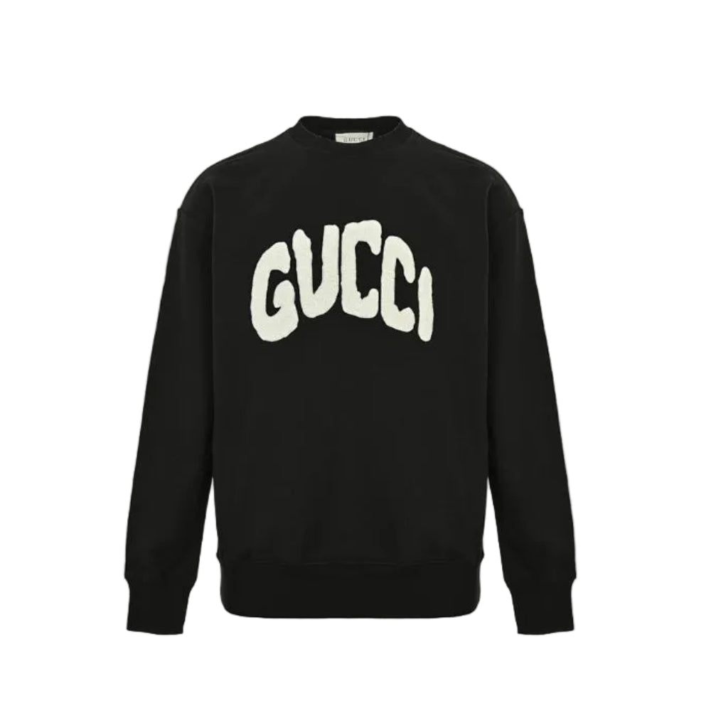 Gucci Black Heavyweight Cotton Crewneck Sweatshirt with Bubble Letter Wordmark