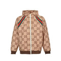 Gucci Camel All-Over Monogram Print Hooded Zip Jacket with Heritage Stripe