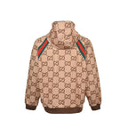 Gucci Camel All-Over Monogram Print Hooded Zip Jacket with Heritage Stripe