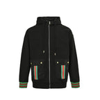 Gucci Black Hooded Full-Zip Jacket with Heritage Stripe Pockets and Cuffs