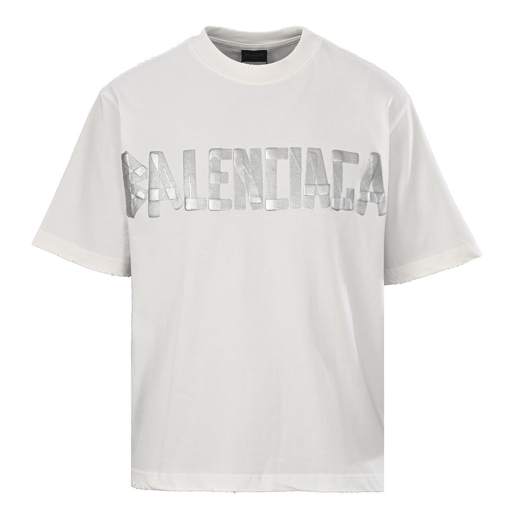 Balenciaga Silver Raised Tape Logo T-Shirt – White