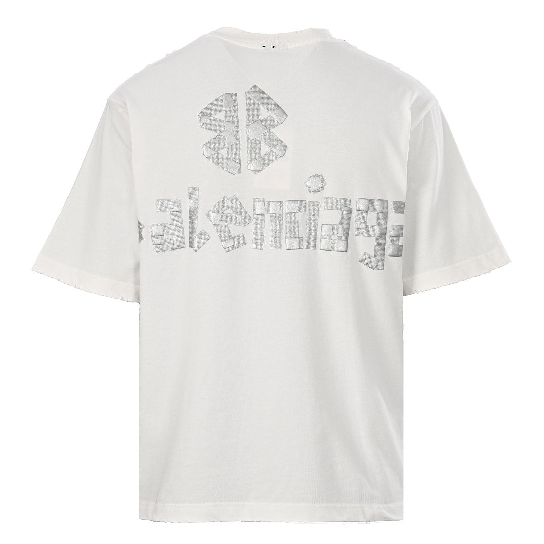 Balenciaga Silver Raised Tape Logo T-Shirt – White