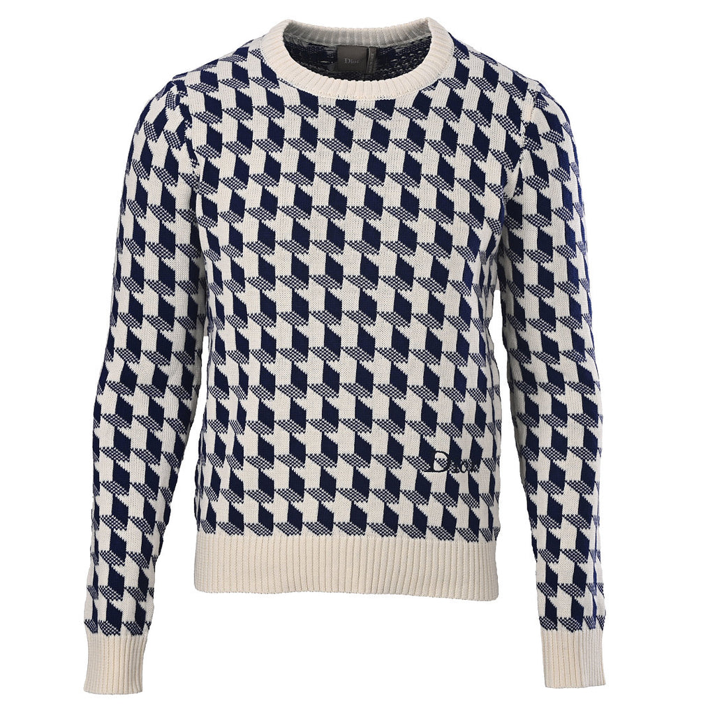Dior 3D Geometric Houndstooth Jacquard Crew-Neck Sweater Navy & Ivory