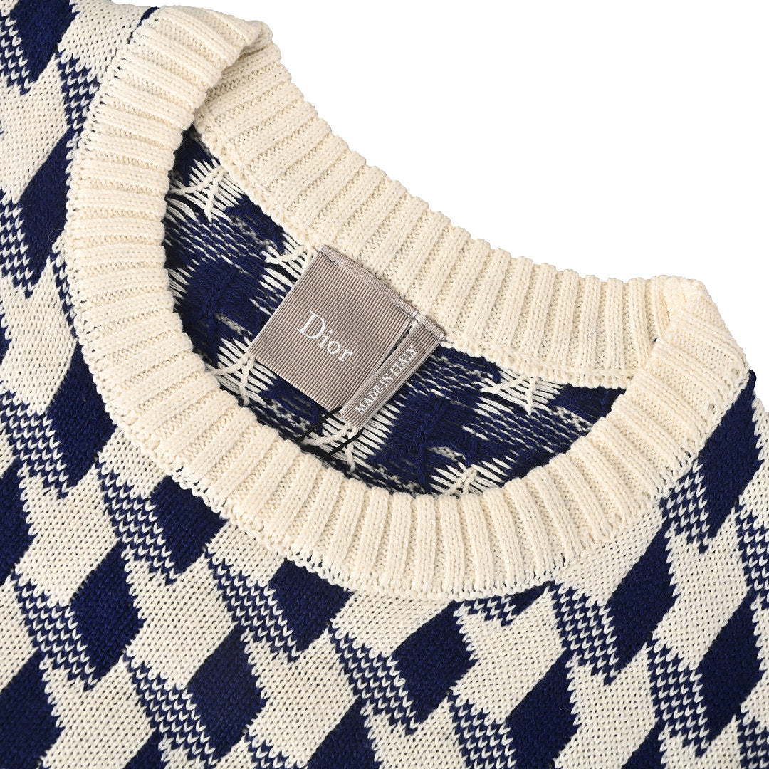 Dior 3D Geometric Houndstooth Jacquard Crew-Neck Sweater Navy & Ivory