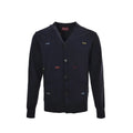 Gucci Navy Fine Knit V-Neck Cardigan with Multicolor Monogram Embroidery