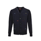 Gucci Navy Fine Knit V-Neck Cardigan with Multicolor Monogram Embroidery
