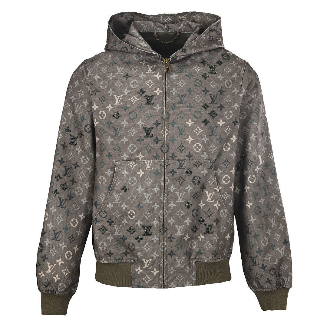 Louis Vuitton All-Over Monogram Crystal-Embellished Hooded Jacket — Khaki