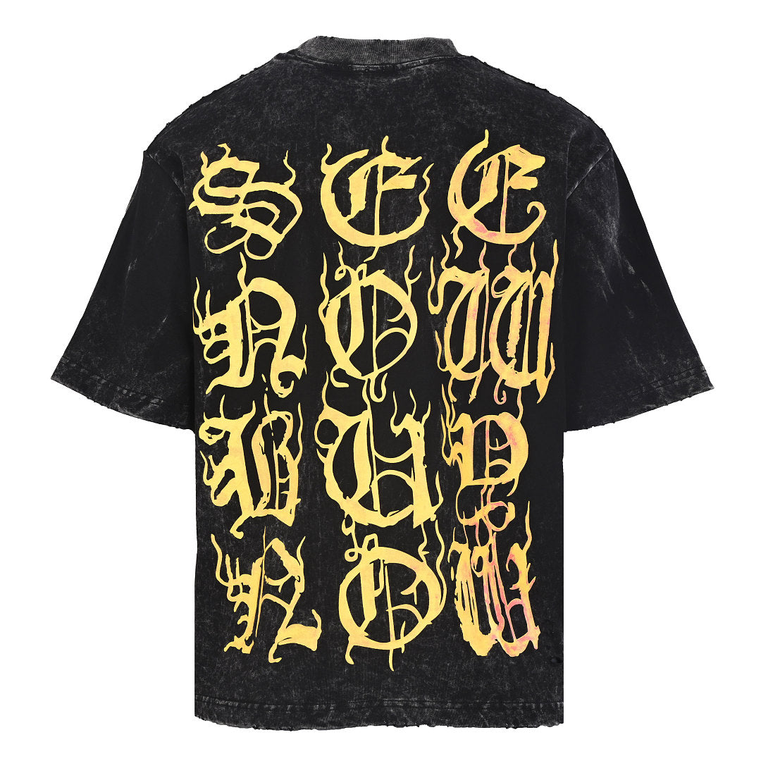 Balenciaga Gothic Metal Logo Distressed T-Shirt – Washed Black