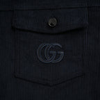 Gucci Navy Corduroy Leather Collar Quilted Jacket with Monogram Embroidery