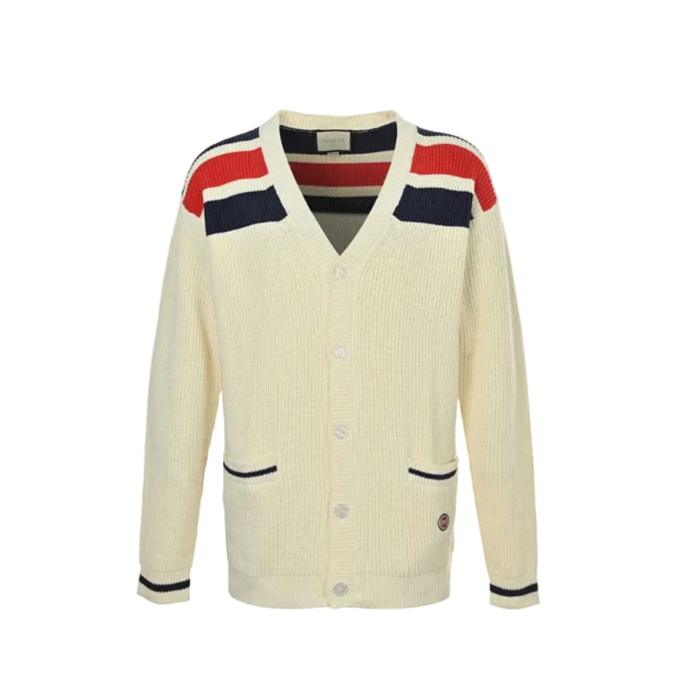Gucci Ivory Cricket Stripe Knit V-Neck Cardigan with Navy Trim
