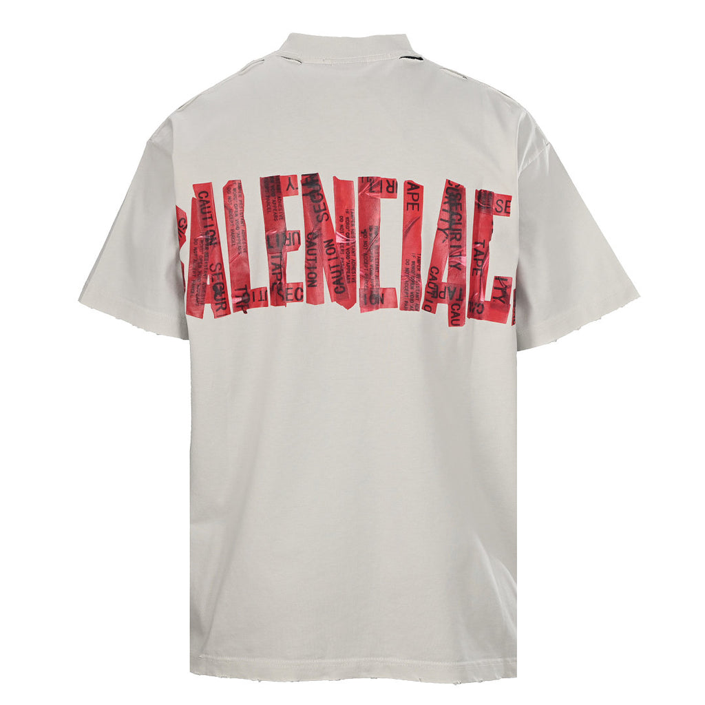 Balenciaga Red Caution Tape Logo T-Shirt – Beige