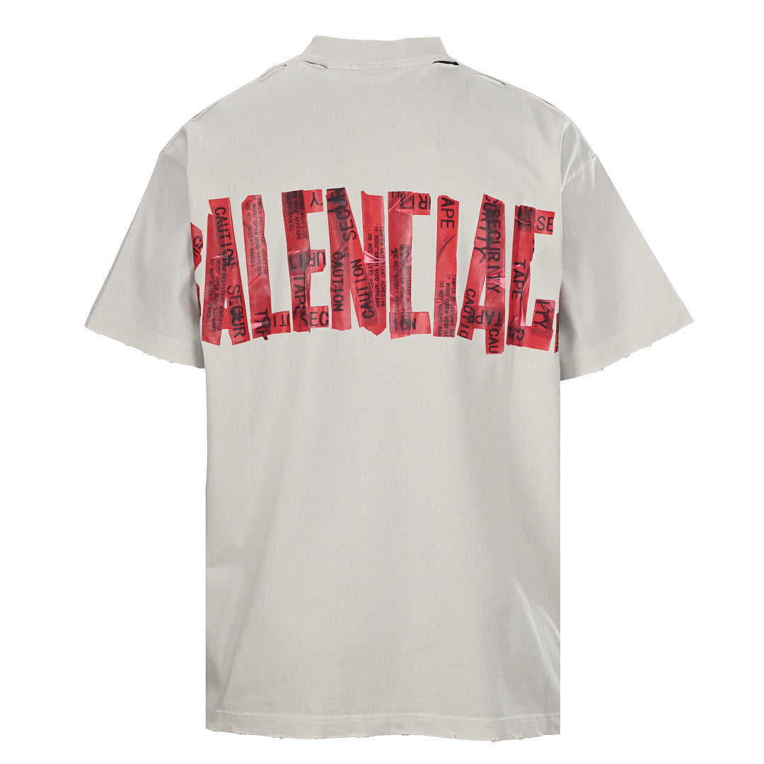 Balenciaga Red Caution Tape Logo T-Shirt – Beige