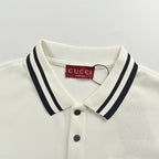 Gucci Ivory Long-Sleeve Polo with Collegiate Crest Graphic and Contrast Shoulder