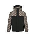 Gucci Beige GG Monogram Jacquard Black Colorblock Full-Zip Hooded Windbreaker Jacket