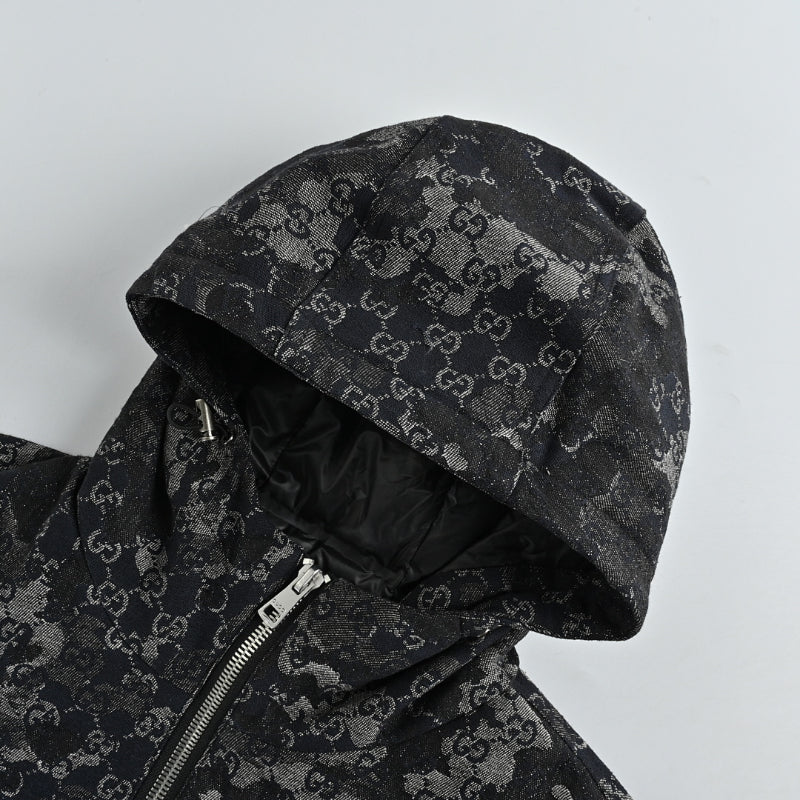 Gucci Black GG Monogram Camo Floral Jacquard Full-Zip Hooded Field Jacket