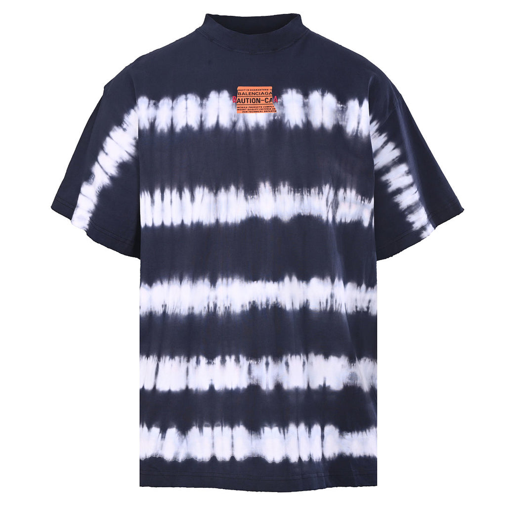 Balenciaga Caution Label Tie-Dye Stripe Oversized T-Shirt – Navy