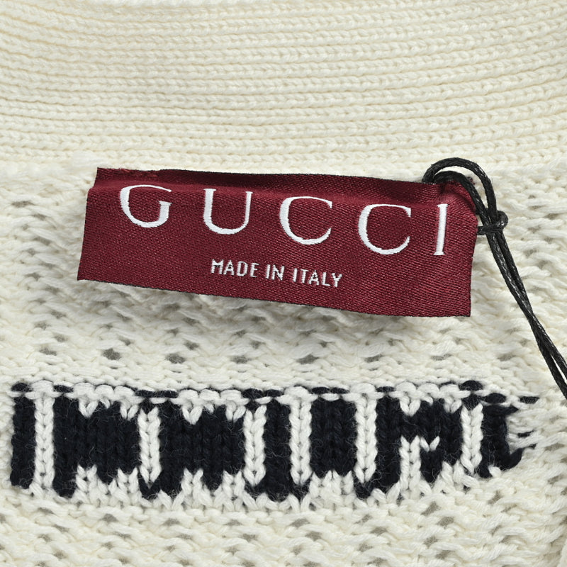 Gucci Ivory Open-Knit V-Neck Button Cardigan with Stripe Trim