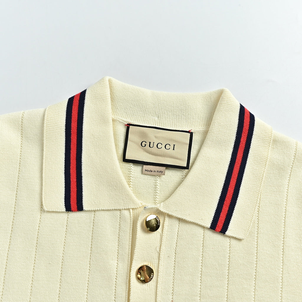 Gucci 2026 Web Stripe Knit Polo — Ivory | Made in Italy