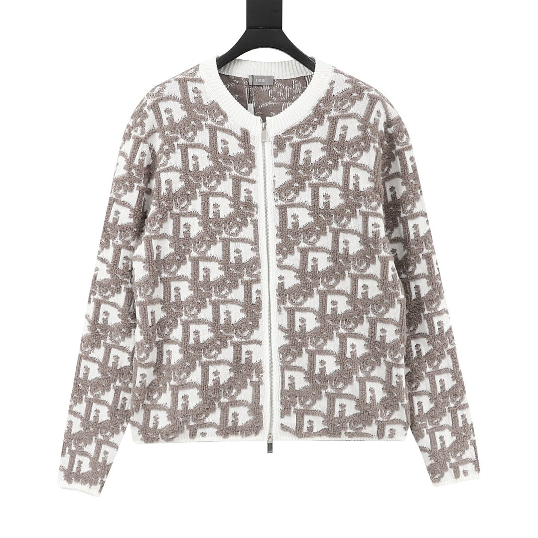 Dior White and Grey Oblique Zip-Up Cardigan