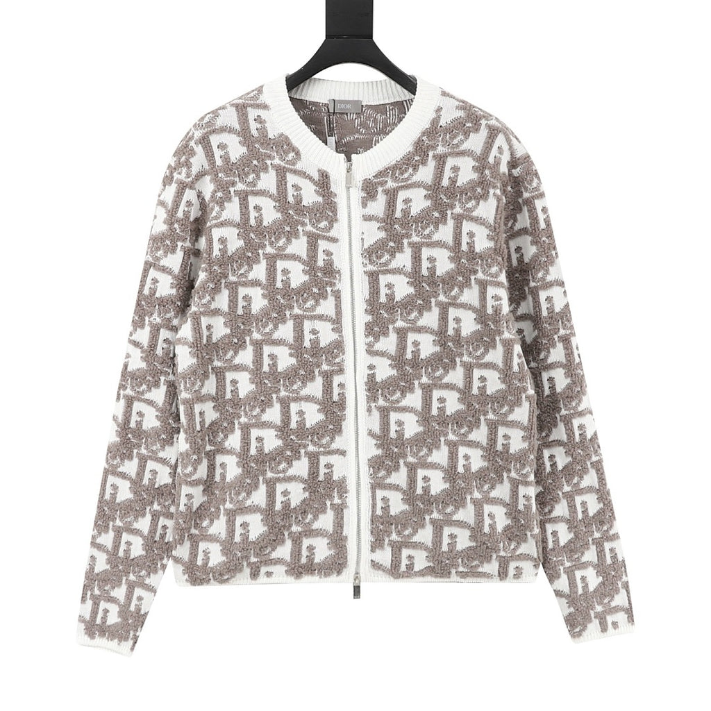 White and grey Fendi FF motif zip-up cardigan with ribbed trims