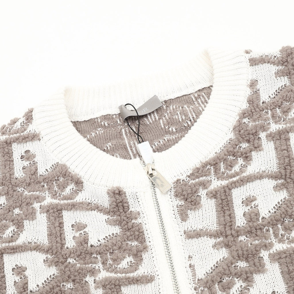 Dior White and Grey Oblique Zip-Up Cardigan