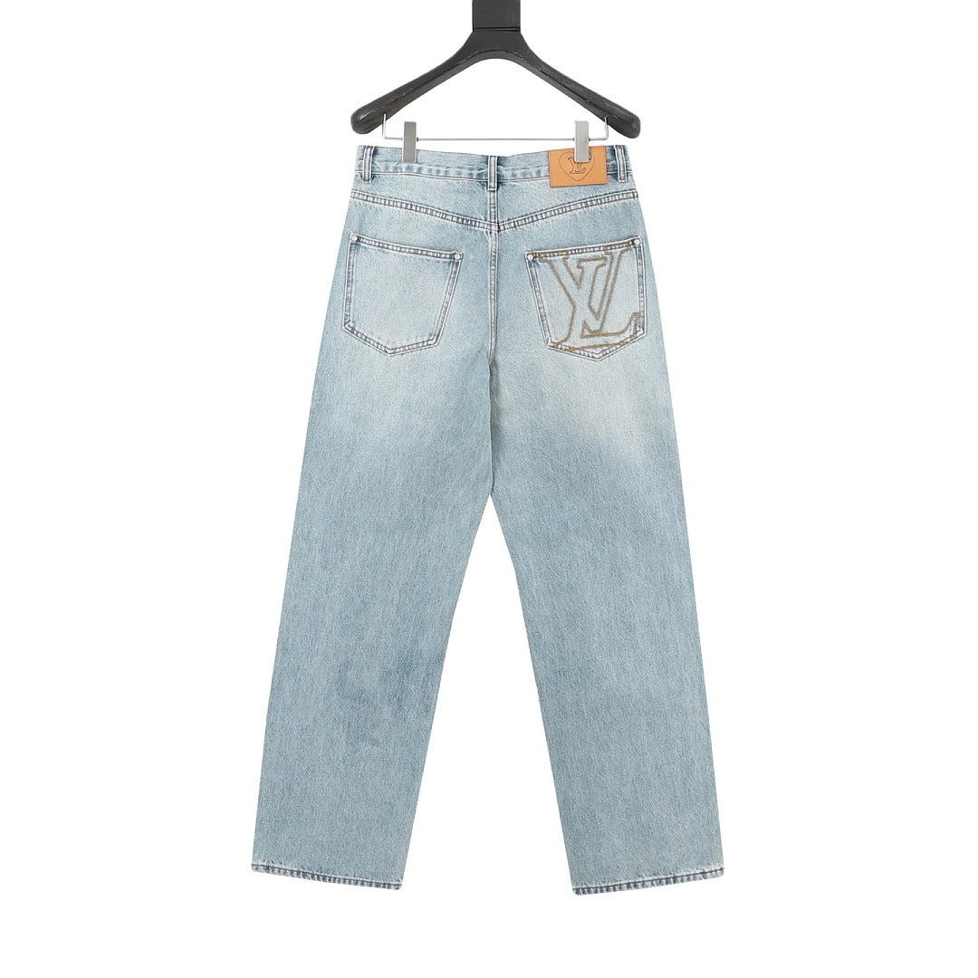 Louis Vuitton Light-Wash Denim Jeans with Playful Embroidery