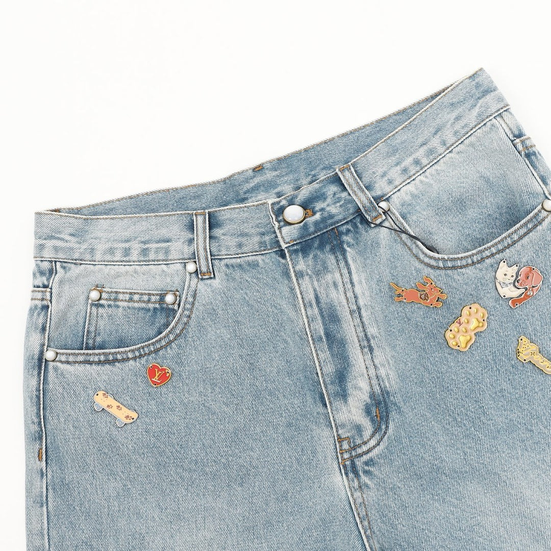 Louis Vuitton Light-Wash Denim Jeans with Playful Embroidery