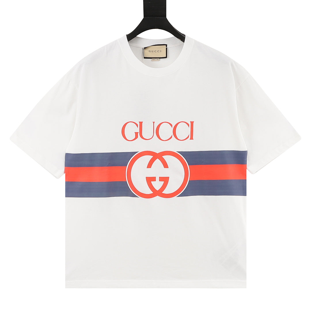 Gucci Blue and Red Stripe Short-Sleeve T-Shirt with Interlocking Logo Print